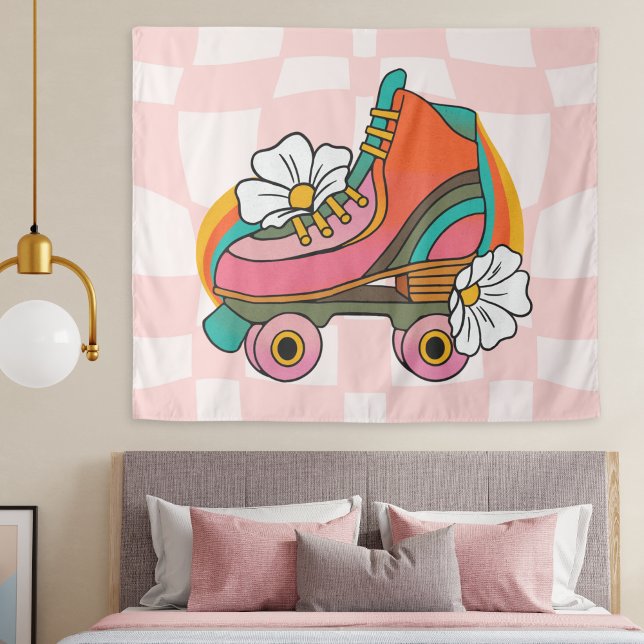 Tapiz Patín Retro Groovy Hippie Arcoíris de los 60 (Groovy roller skate retro tapestry hippie wall hanging pink checkered print, college dorm room decor)