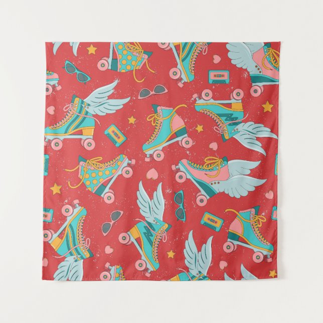 Tapiz Patines Retro Roller: Fondo Rojo Brillante (Anverso)