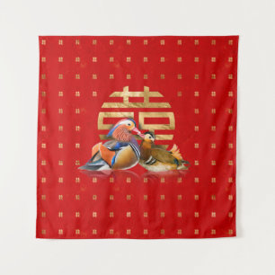 Tapiz Patos de mandarín y doble felicidad en rojo