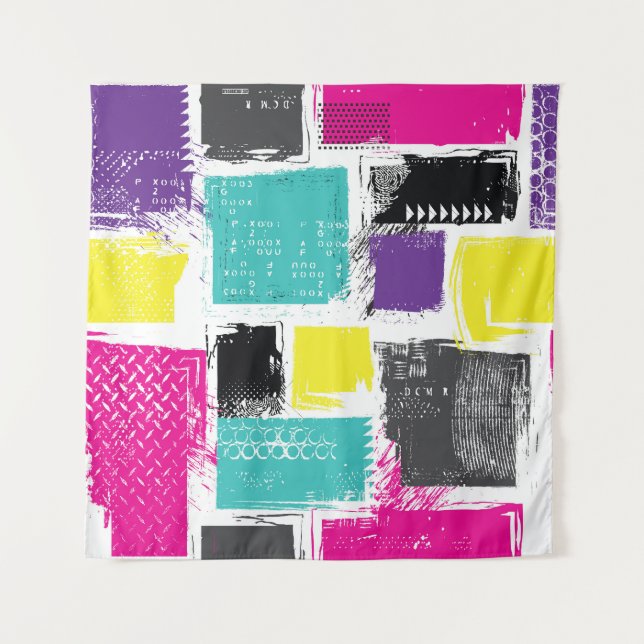 Tapiz Patrón abstracto de cuadrados retro de neón (Anverso)