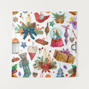 Tapiz Patrón acuarela con adorno navideño vintage