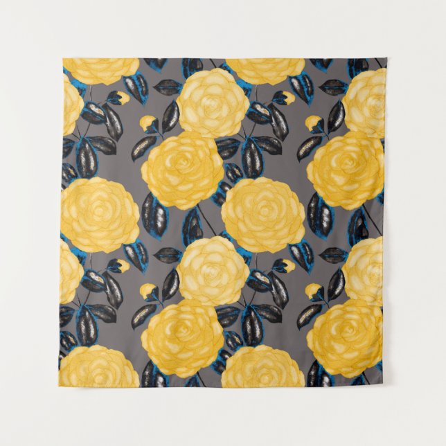 Tapiz Patrón acuarela sin fisuras con flores camellias. (Anverso)