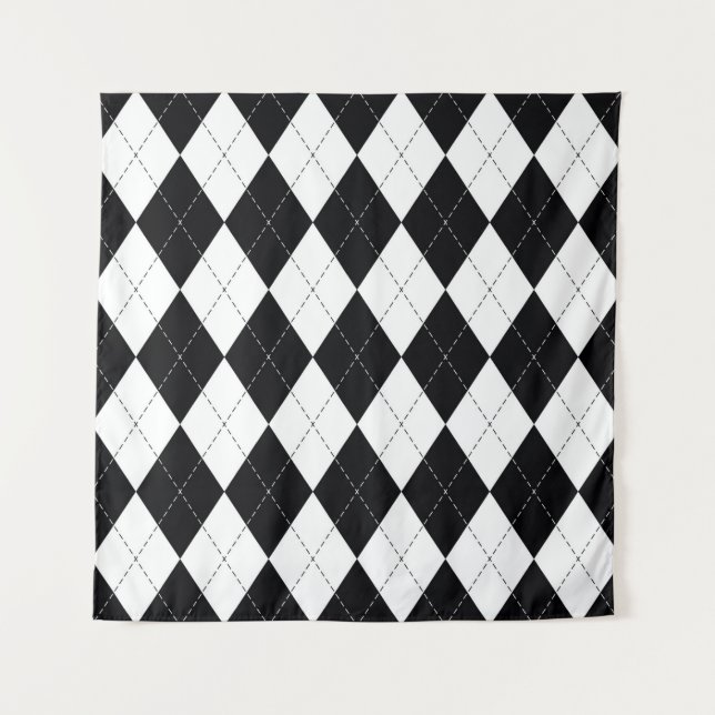 Tapiz Patrón Argyle continuo en negro y blanco. Geomet (Anverso)