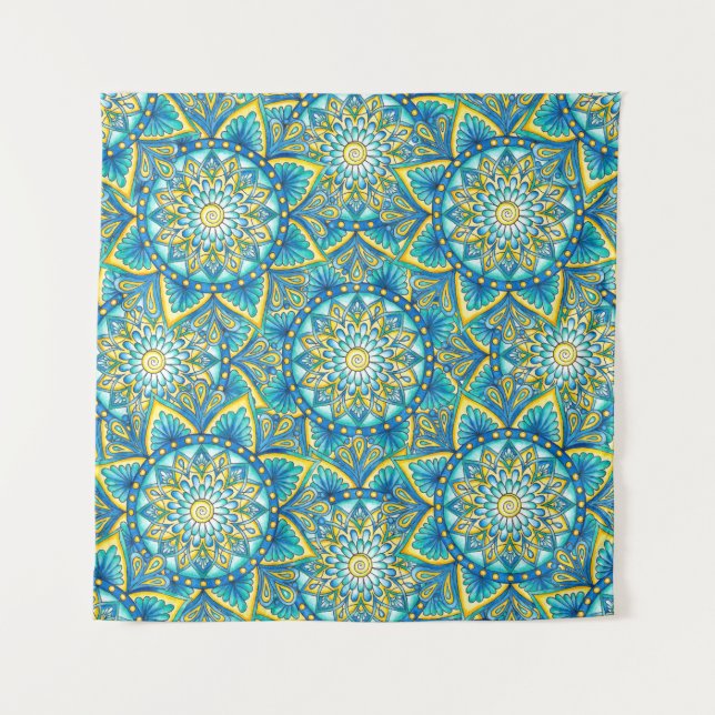 Tapiz Patrón azul turquesa amarillo Mandala (Anverso)