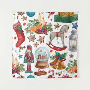 Tapiz Patrón con adornos de Navidad vintage, juguete y 