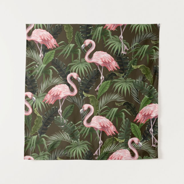 Tapiz Patrón continuo con flamenco y hojas tropicales (Anverso)