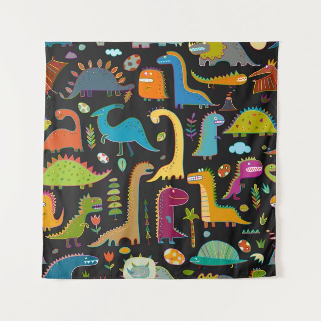 Tapiz Patrón continuo de dinosaurio divertido (Anverso)
