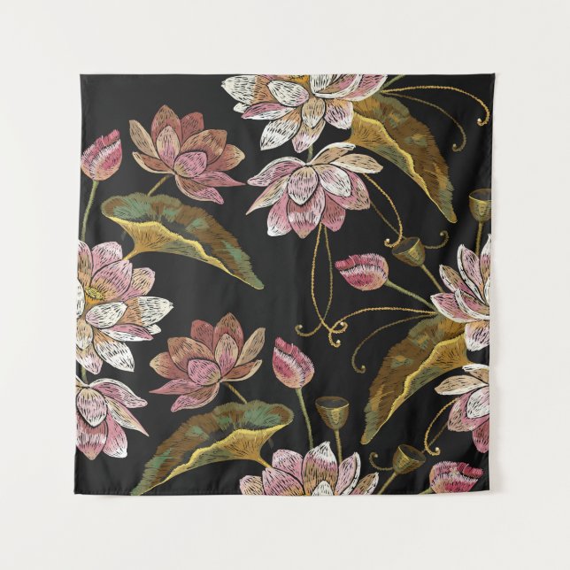 Tapiz Patrón continuo de flores de loto bordadas (Anverso)