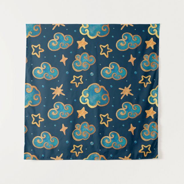 Tapiz Patrón continuo en acuarela con la luna, estrellas (Anverso)