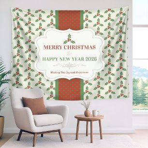 Tapiz Patrón de Acebo de Navidad Acebo Verde Bayas Rojas
