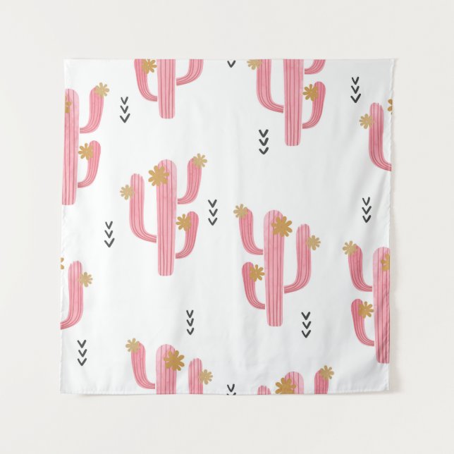 Tapiz Patrón de acuarela de cactus rosados (Anverso)