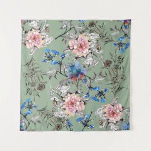 Tapiz Patrón de acuarela floral de fondo verde.