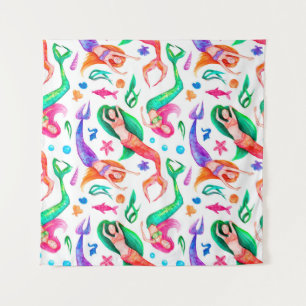 Tapiz Patrón de acuarela sin costuras con sirenas, conch