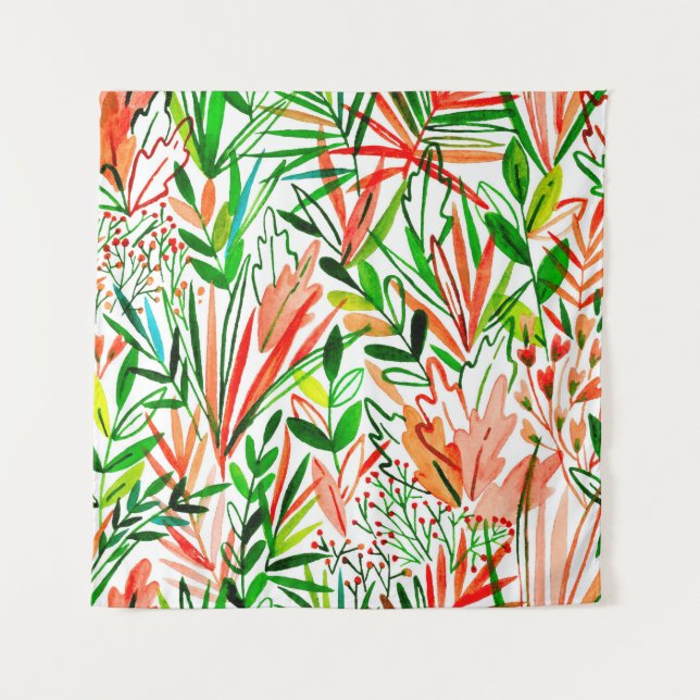 Tapiz Patrón de acuarela sin fisuras con hojas exóticas  (Anverso)