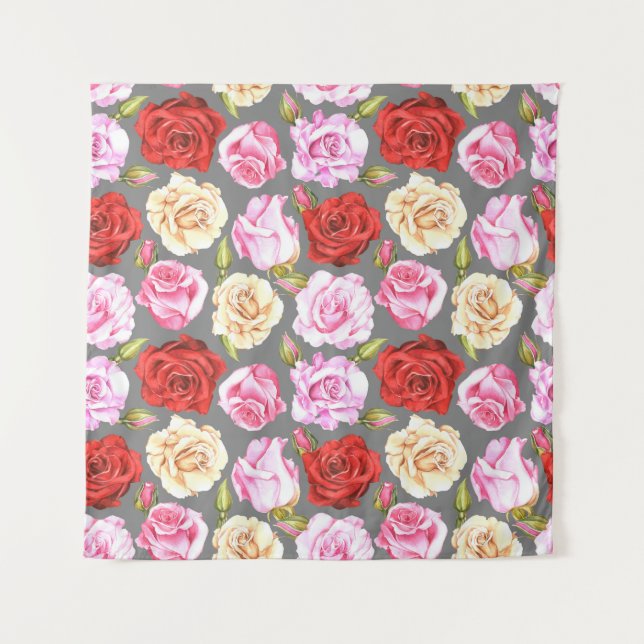 Tapiz Patrón de acuarela sin fisuras con rosas. Sin mar (Anverso)