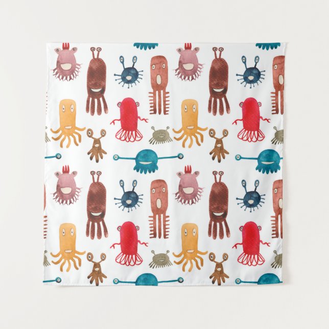 Tapiz Patrón de acuarela sin fisuras de monstruos divert (Anverso)