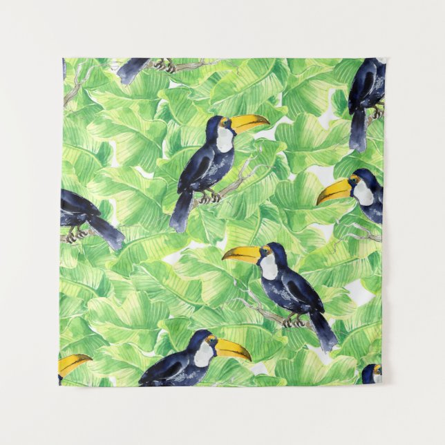 Tapiz Patrón de acuarela sin foco con toucan en verde l (Anverso)