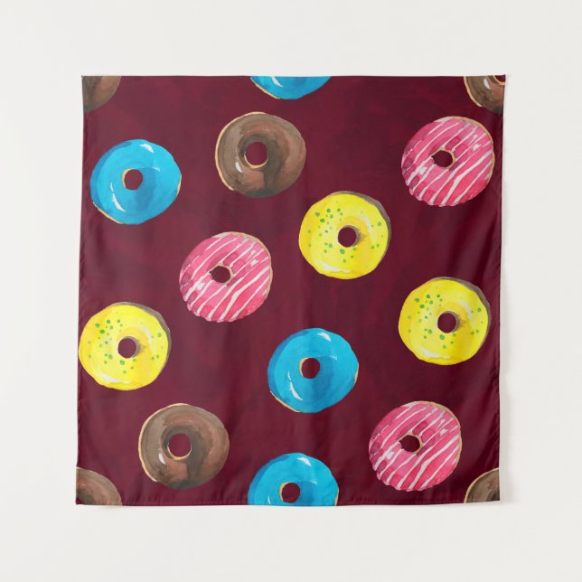 Tapiz Patrón de acuarela sin mar con donuts en rubí (Anverso)