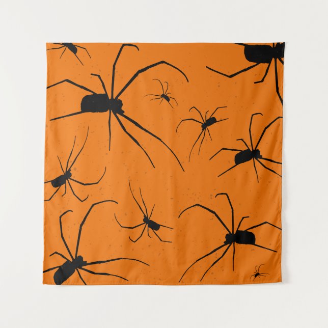 Tapiz Patrón de arañas de Halloween naranja, araña negra (Anverso)