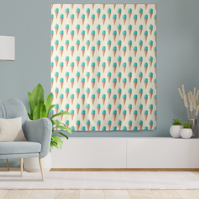Tapiz Patrón de cono de crema de hielo azul cúbico (Bubblegum Blue Ice Cream Pattern Tapestry)