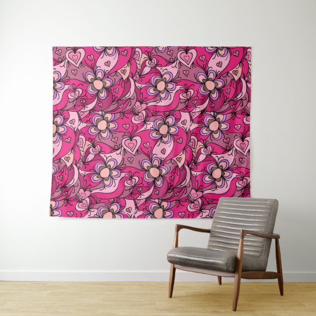 Tapiz Patrón de corazones y flores rosados (In situ (horizontal))