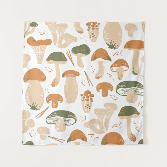 Tapiz Patrón de cosecha de hongos comestibles Linocut (Anverso)