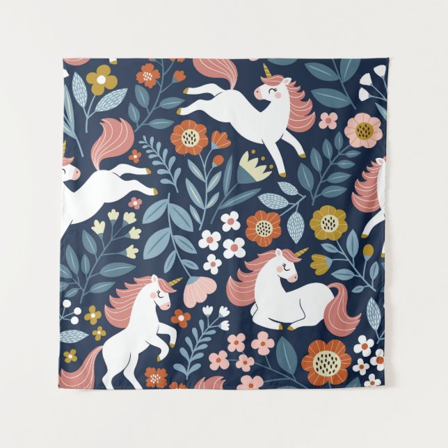 Tapiz Patrón de cosecha de unicornios florales (Anverso)