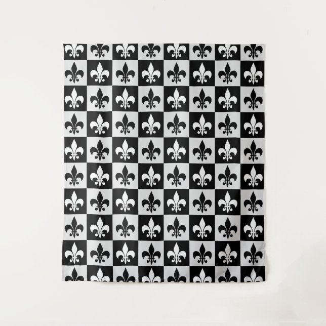 Tapiz Patrón de flor blanco negro controlado-De-Lis (Anverso)