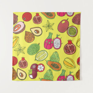 Tapiz Patrón de frutos exóticos tropicales dibujado a ma
