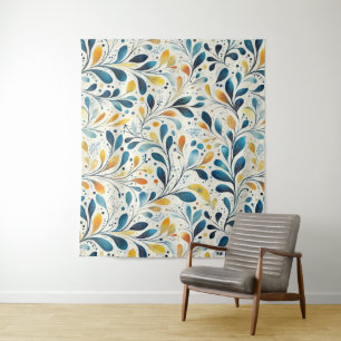 Tapiz Patrón de hojas de paisley azul y dorada (2)