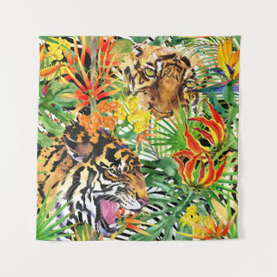 Tapiz Patrón de jungla acuarela del tigre tropical
