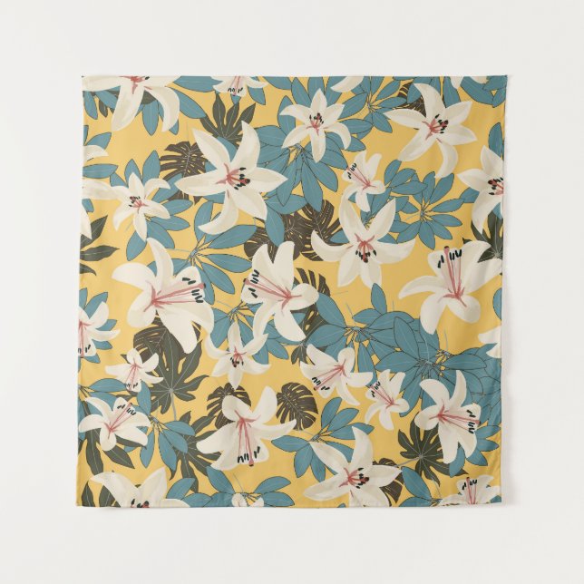 Tapiz Patrón de Lily de Hojas Tropicales Brillantes (Anverso)