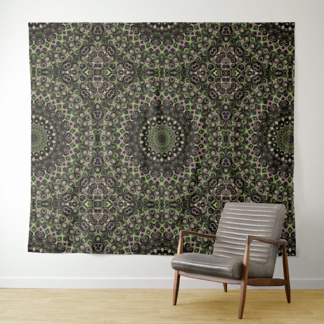 Tapiz Patrón de Mandala Caleidoscopio Verde y Negro (In situ (horizontal))