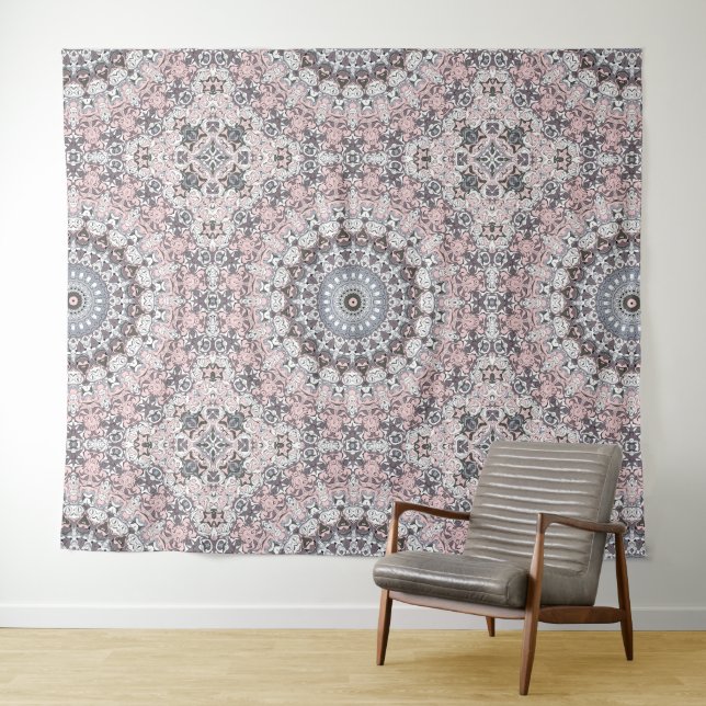 Tapiz Patrón de Mandala gris rosa y blanco (In situ (horizontal))