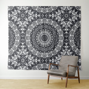 Tapiz Patrón de Mandala Monocromo Blanco y Negro