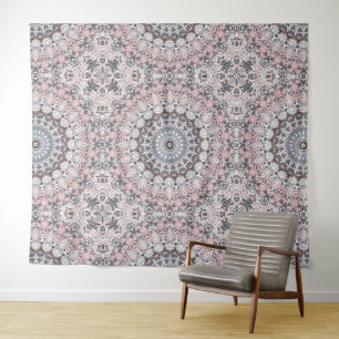 Tapiz Patrón de Mandala Rosa Gris y Blanco