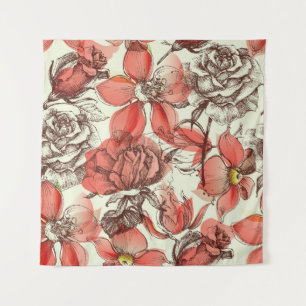 Tapiz Patrón de rosas rojas estilo retro
