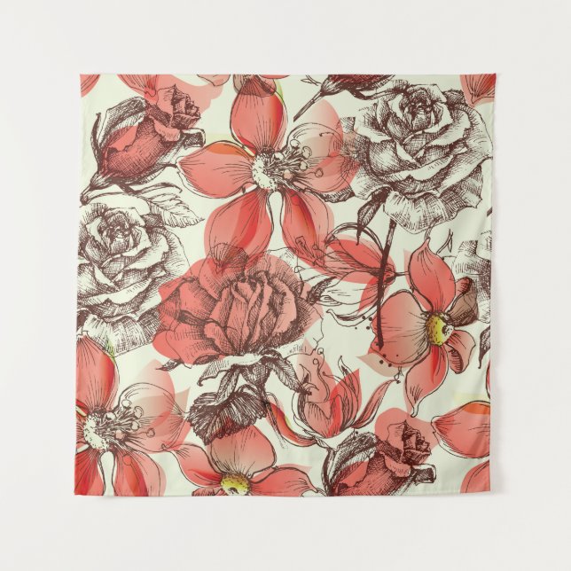 Tapiz Patrón de rosas rojas estilo retro (Anverso)