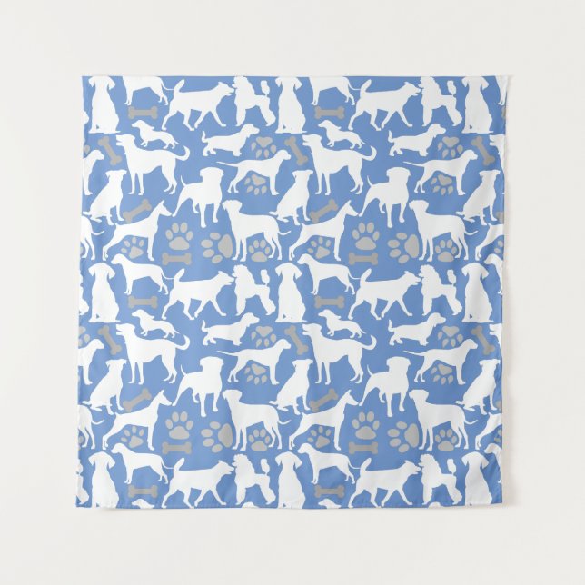 Tapiz Patrón de silueta de perro.Blanco.03 Lblue BG (Anverso (horizontal))