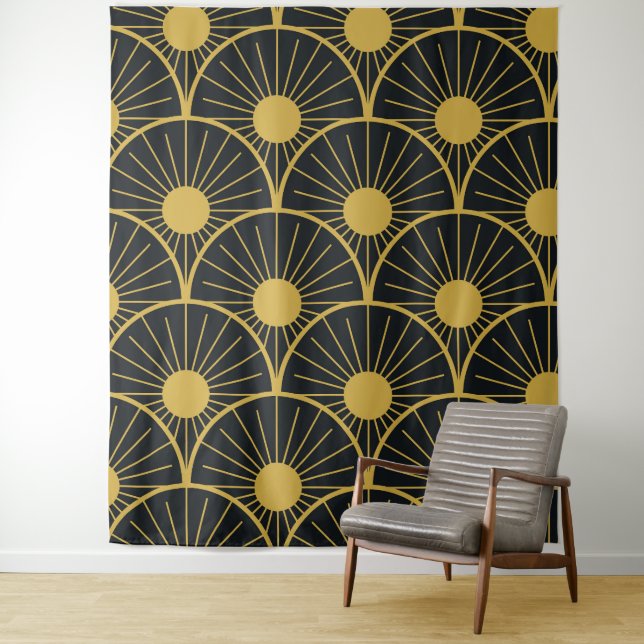 Tapiz Patrón dorado brillante Art Deco sobre negro (In situ)
