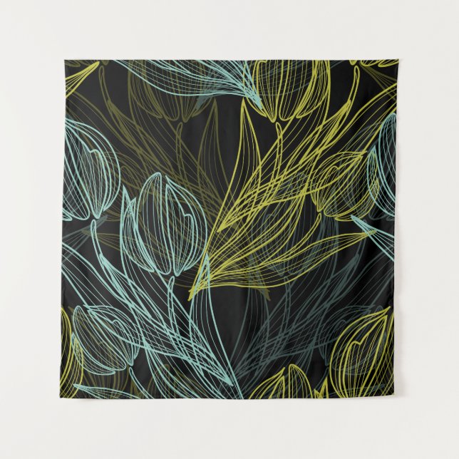 Tapiz Patrón elegante de tulipanes verdes y azules (Anverso)