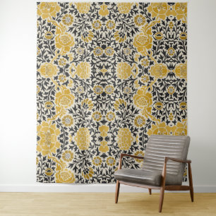 Tapiz Patrón floral amarillo y negro de estilo vintage