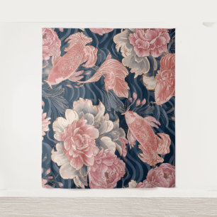 Tapiz Patrón floral chinoiserie azul rosa koi