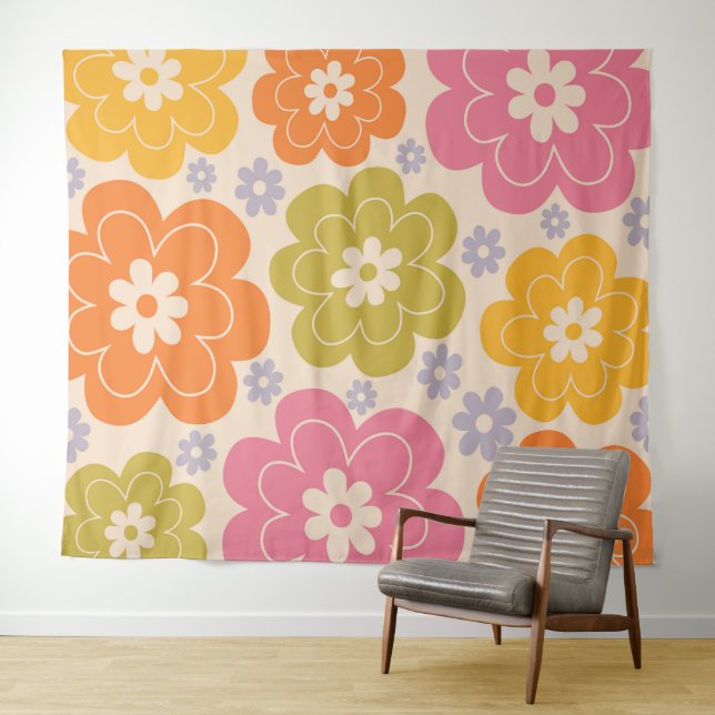 Tapiz Patrón floral de estilo retro de los años 60 (In situ (horizontal))