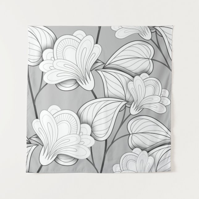 Tapiz Patrón floral monocromo impecable. Hand Drawn Flo (Anverso)