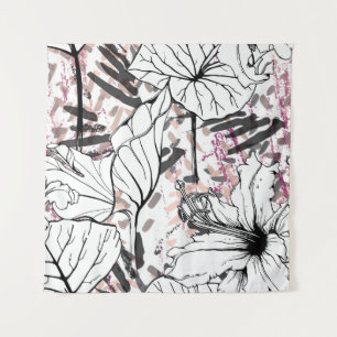 Tapiz Patrón floral negro y blanco sin soldadura. Ar mod