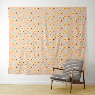 Tapiz Patrón geométrico retro con azul verdoso, naranja,