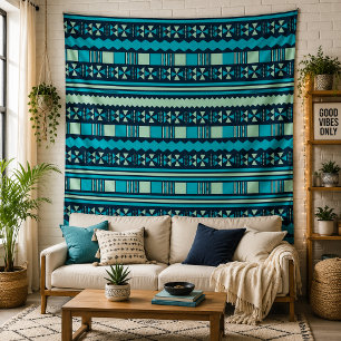 Tapiz Patrón geométrico tribal azul en pared boho