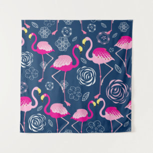 Tapiz Patrón gráfico de flamencos rosados en una b azul