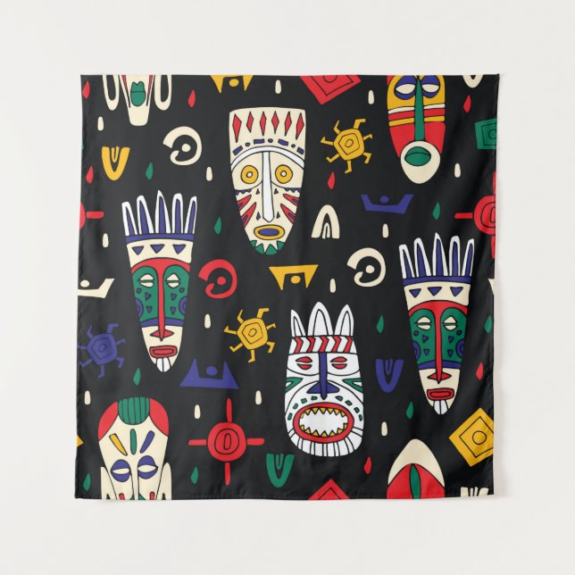 Tapiz Patrón inmaculado de máscaras tribales africanas (Anverso)